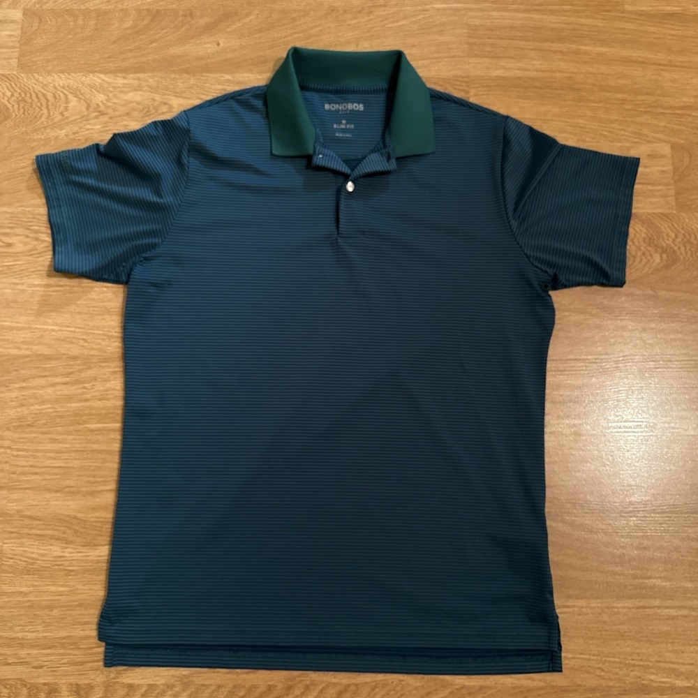 Bonobos Golf Polo Shirt Men's Medium Slim Fit Green / Blue Striped Performance